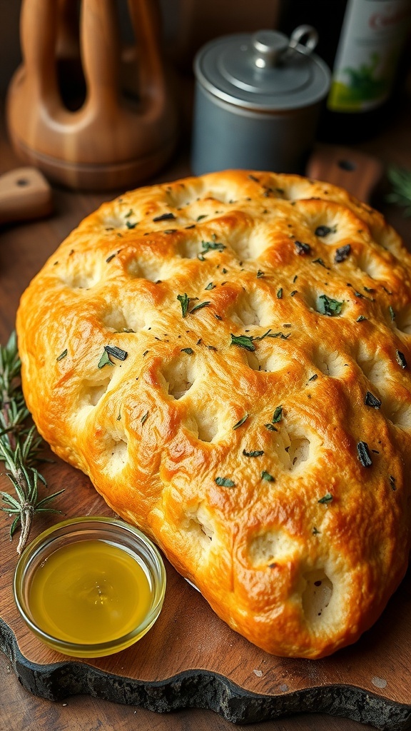 Herb Focaccia Bread Recipe Golden brown focaccia bread with herbs and olive oil on a wooden board, with rosemary and olive oil for dipping.